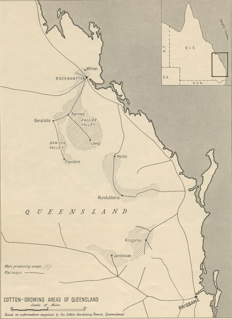 Cotton growing areas of Queensland, 1956 | Queensland Historical Atlas