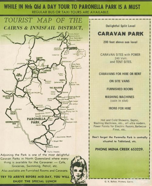 Tourist map of Cairns & Innisfail showing Paronella Park, 1953