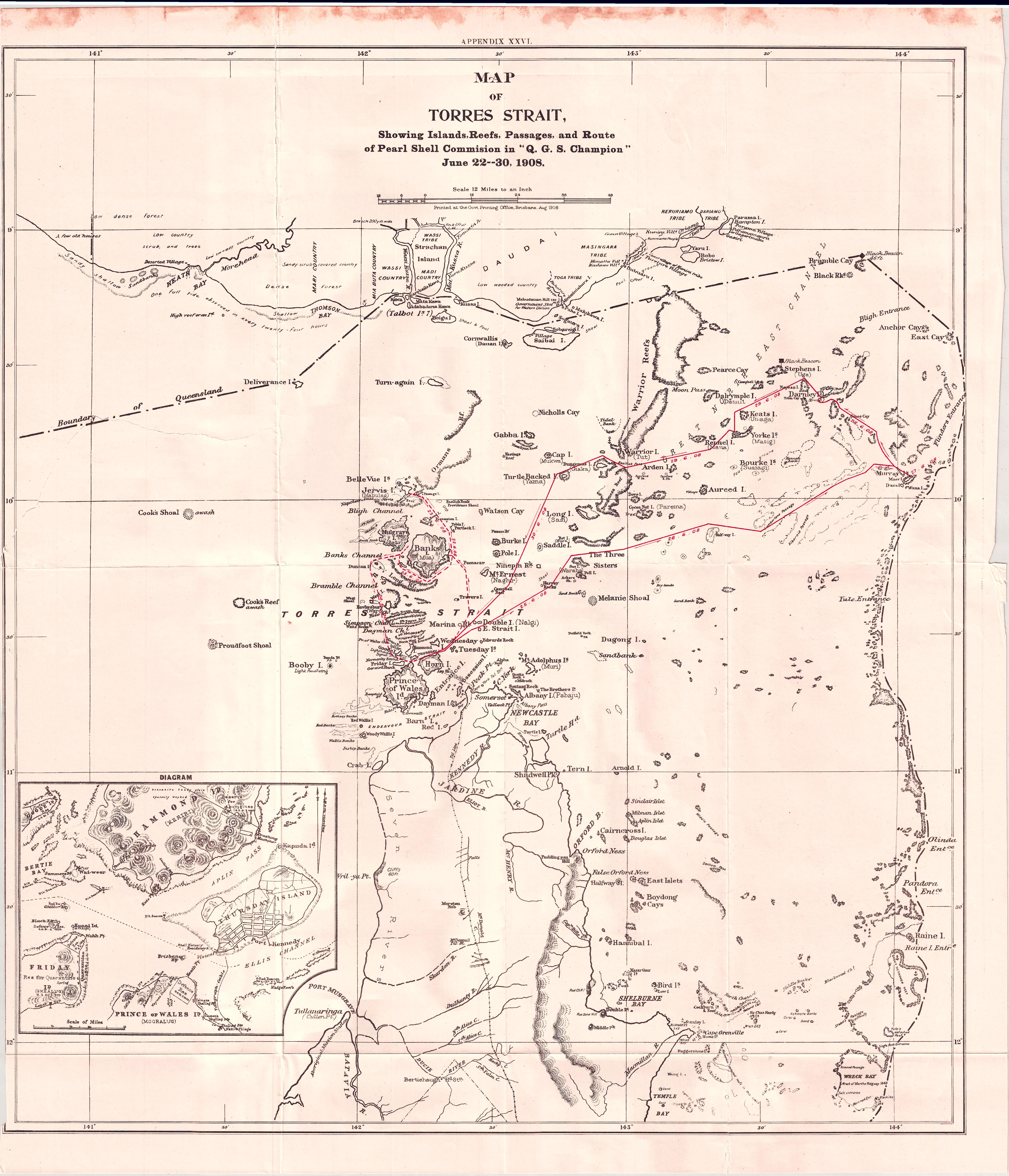 Map of Torres Strait, showing route of pearl shell commission, 1908 ...